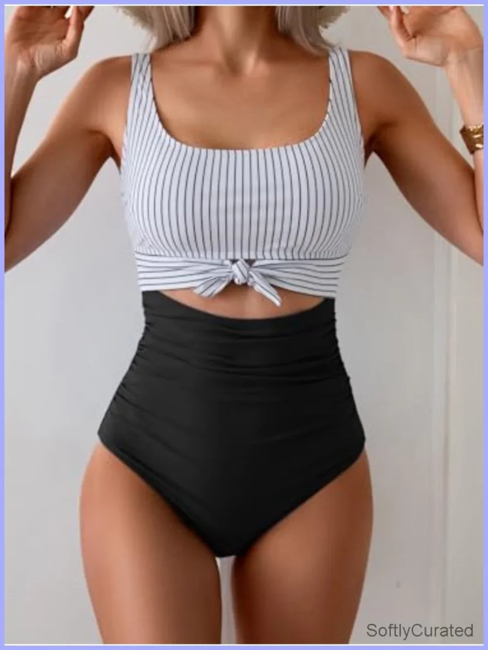 Tummy Control One Piece Swimsuit with Cutout Tie Knot - Padded Push-Up
